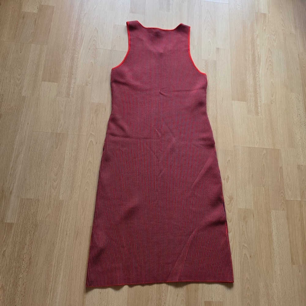 Reiss Charlie Ribbed Knit Midi Tank Dress Womens 10 Red Striped Slit - Picture 8 of 8